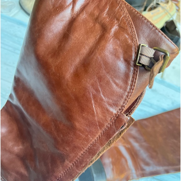 VANELI 8.5 BROWN ITALIAN LEATHER RIDING BOOTS STRETCHY KNEE SHORT BLOCK HEEL - Picture 6 of 16